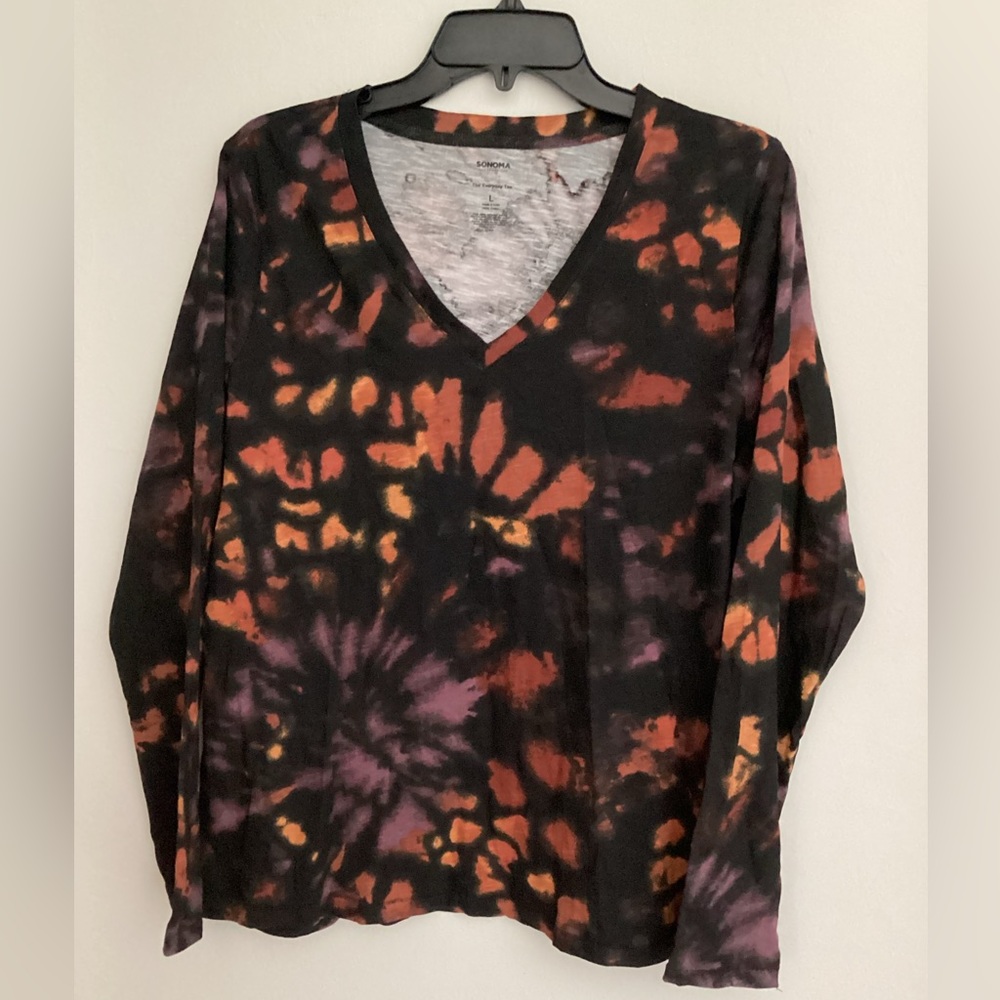 Sonoma Long Sleeve Tie-Dye V-Neck everyday Tee Black, Orange, Purple L